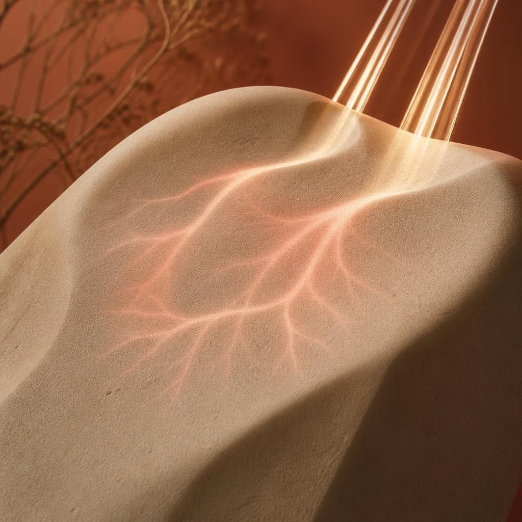 Abstract visual of facial redness treatment calming diffuse flushing beneath a cream surface