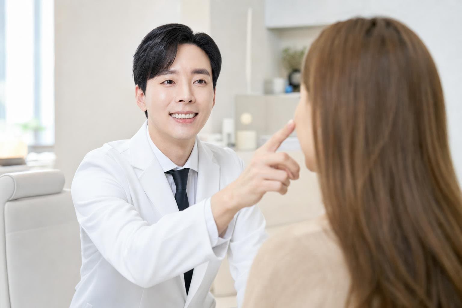 Dr. Min Jeong with a patient at REDI Dermatology in Seoul, discussing acne scar treatment korea