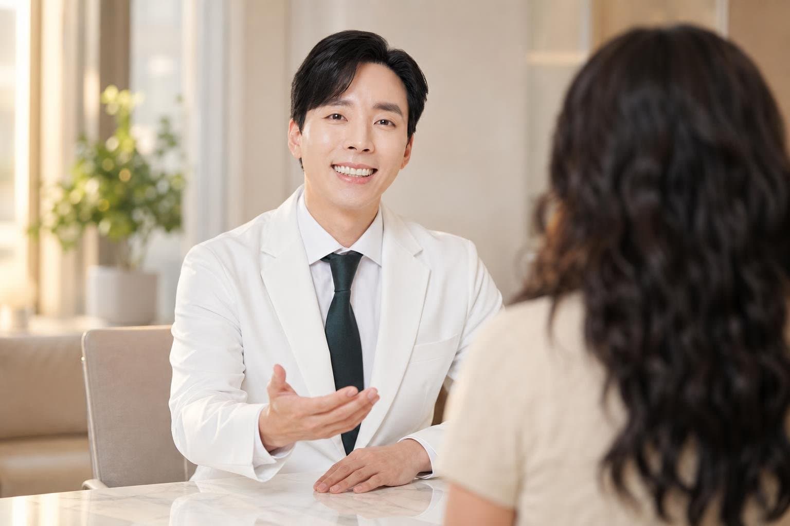 Dr. Min Jeong with a patient at REDI Dermatology in Seoul, discussing best skin booster korea