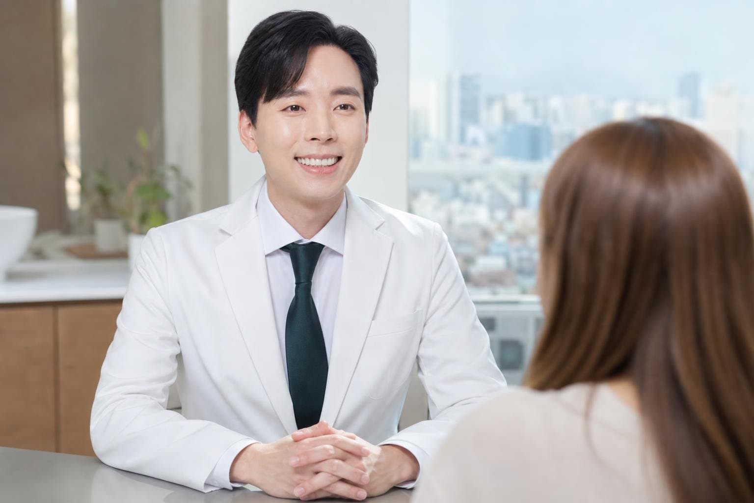 Dr. Min Jeong with a patient at REDI Dermatology in Seoul, discussing aesthetic clinic
