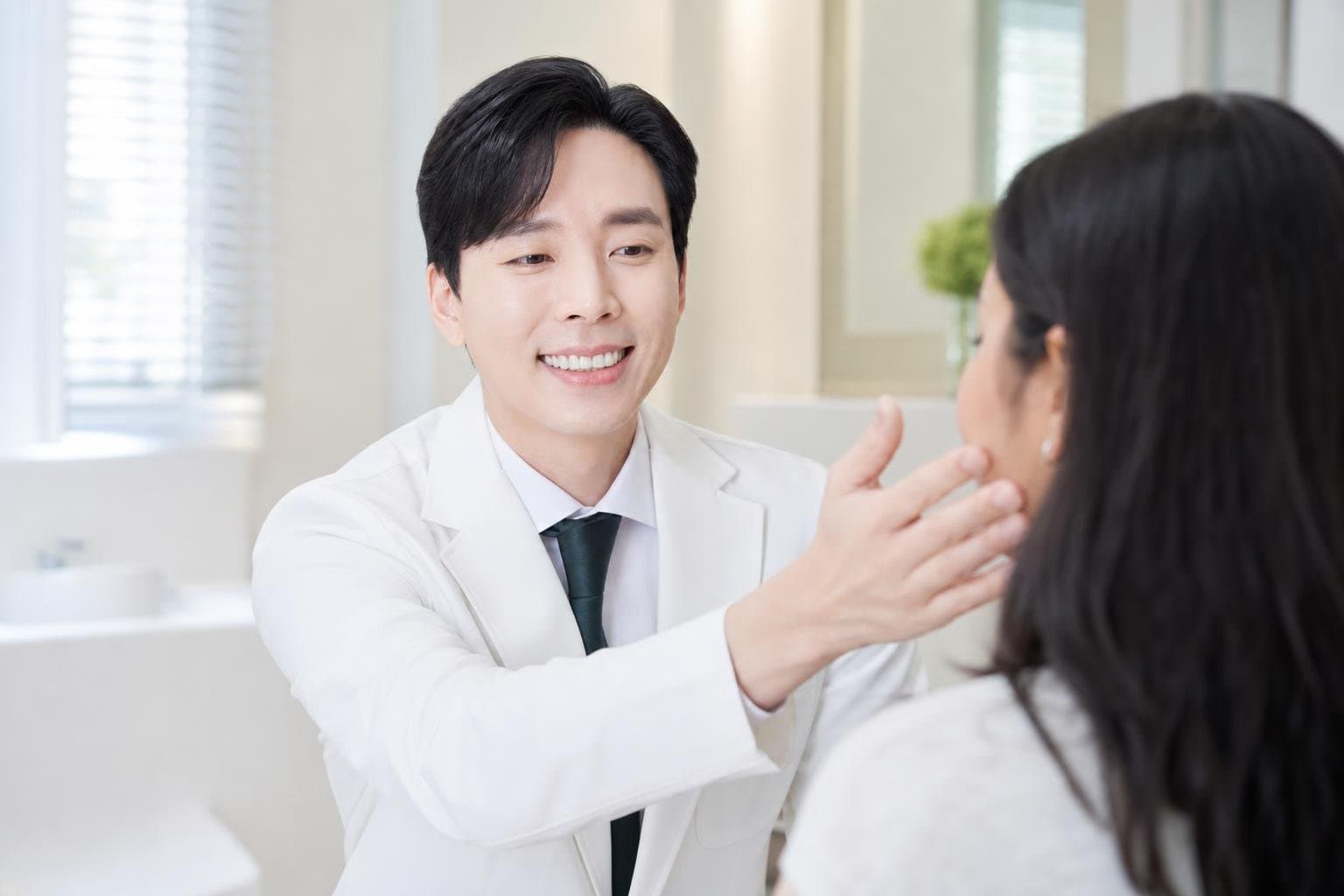 Dr. Min Jeong with a patient at REDI Dermatology in Seoul, discussing collagen booster korea