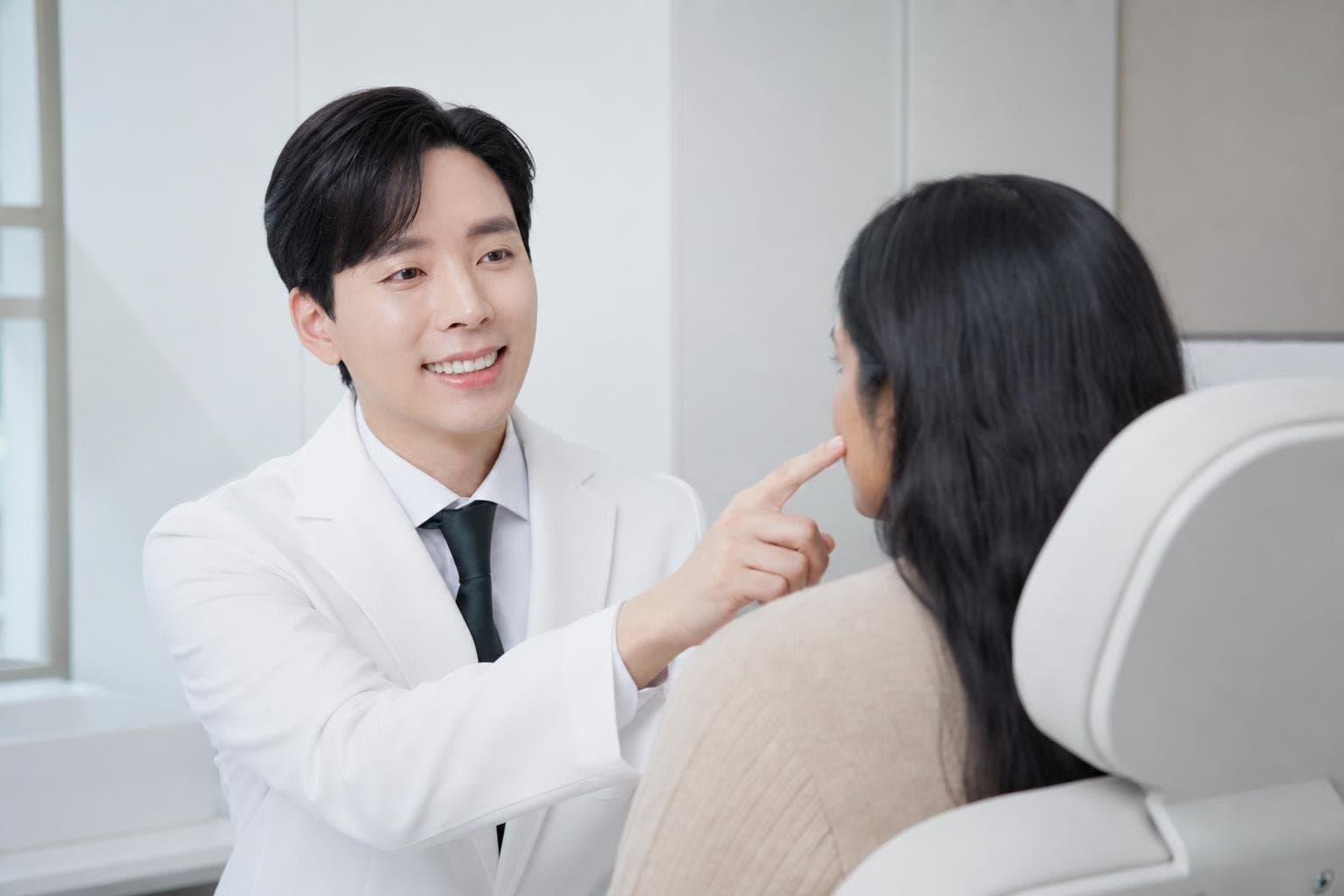 Dr. Min Jeong with a patient at REDI Dermatology in Seoul, discussing double tite