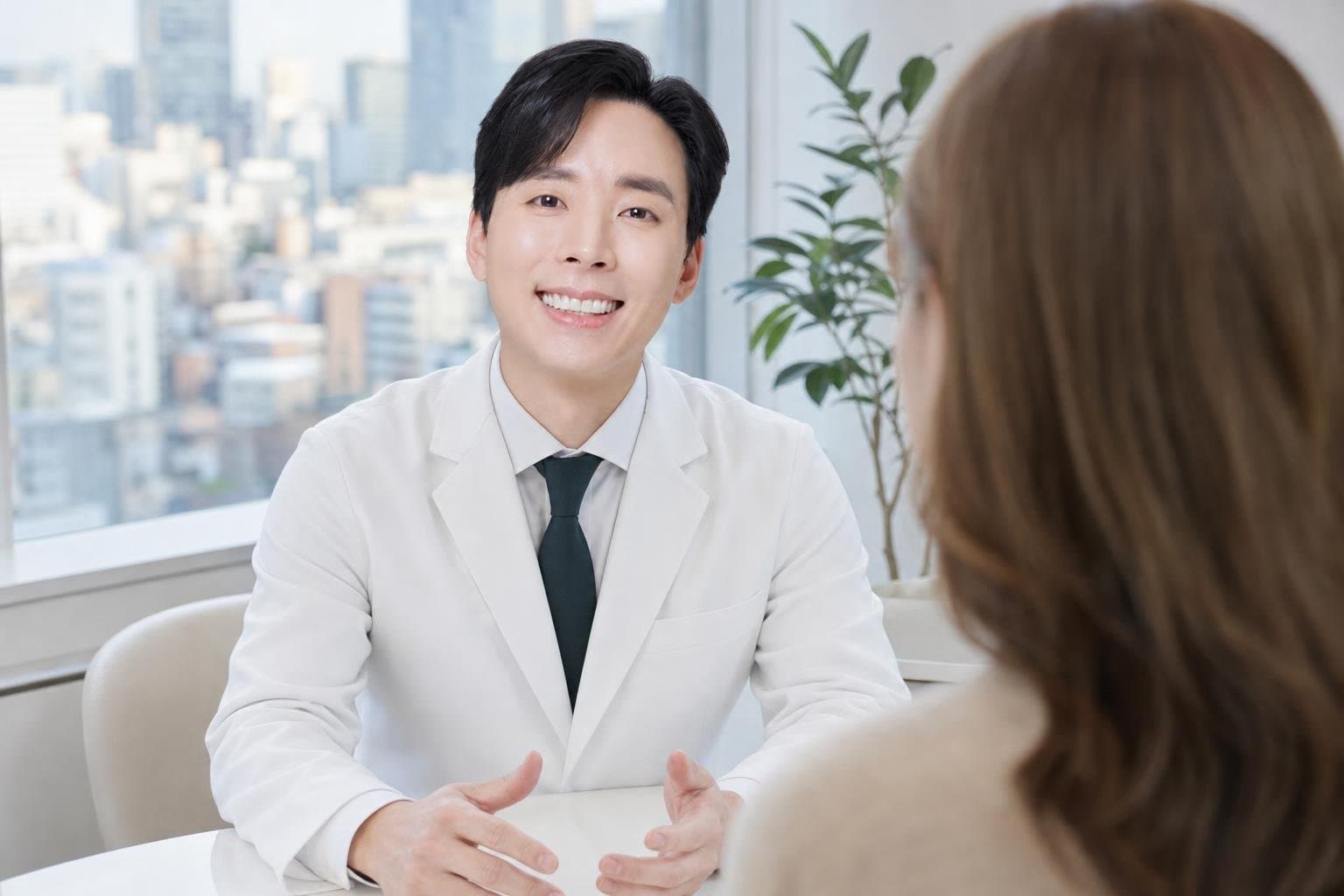 Dr. Min Jeong with a patient at REDI Dermatology in Seoul, discussing elravie korea