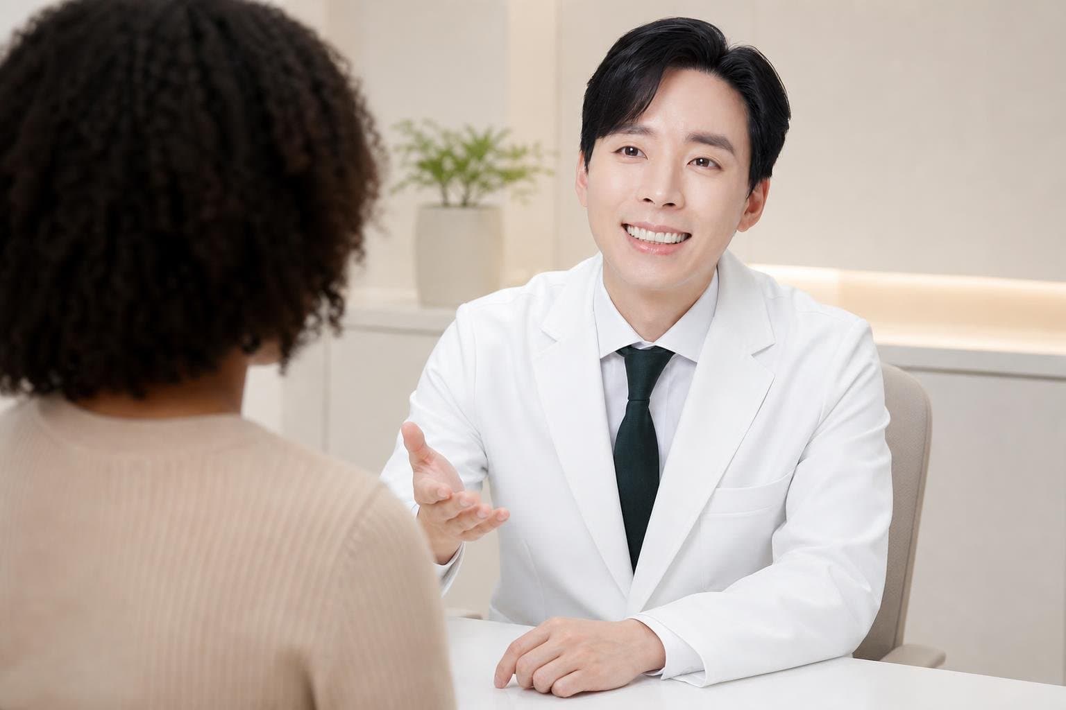 Dr. Min Jeong with a patient at REDI Dermatology in Seoul, discussing exosome skin booster