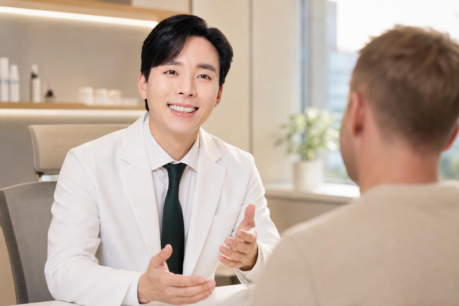Dr. Min Jeong with a patient at REDI Dermatology in Seoul, discussing exosomes korea