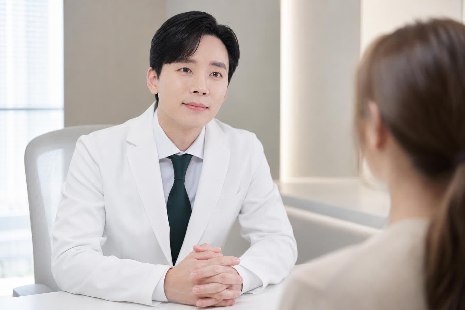 Dr. Min Jeong with a patient at REDI Dermatology in Seoul, discussing facial redness treatment seoul