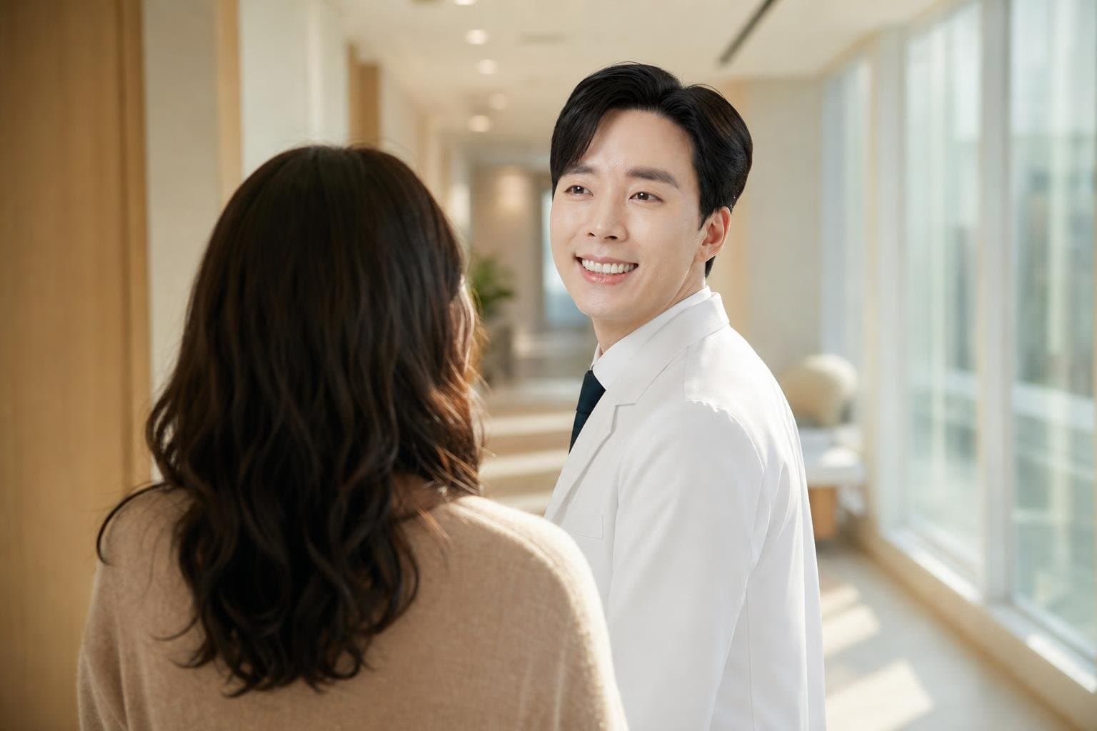 Dr. Min Jeong with a patient at REDI Dermatology in Seoul, discussing how many days in korea for skin treatment