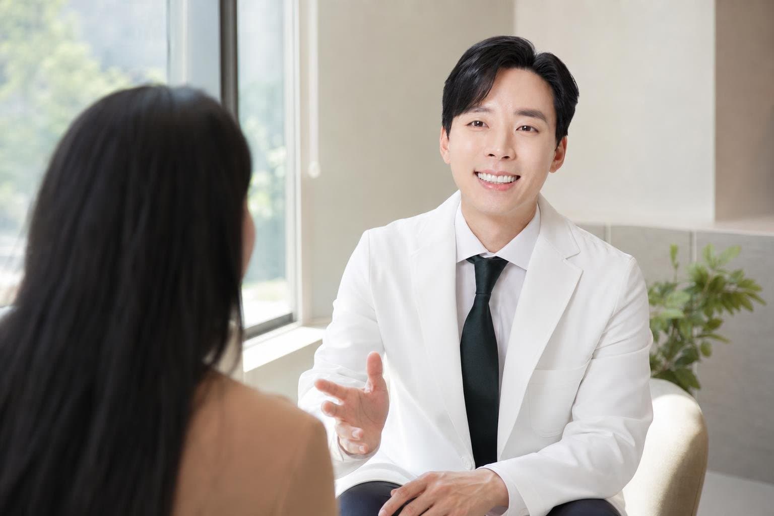 Dr. Min Jeong with a patient at REDI Dermatology in Seoul, discussing hyperpigmentation treatment
