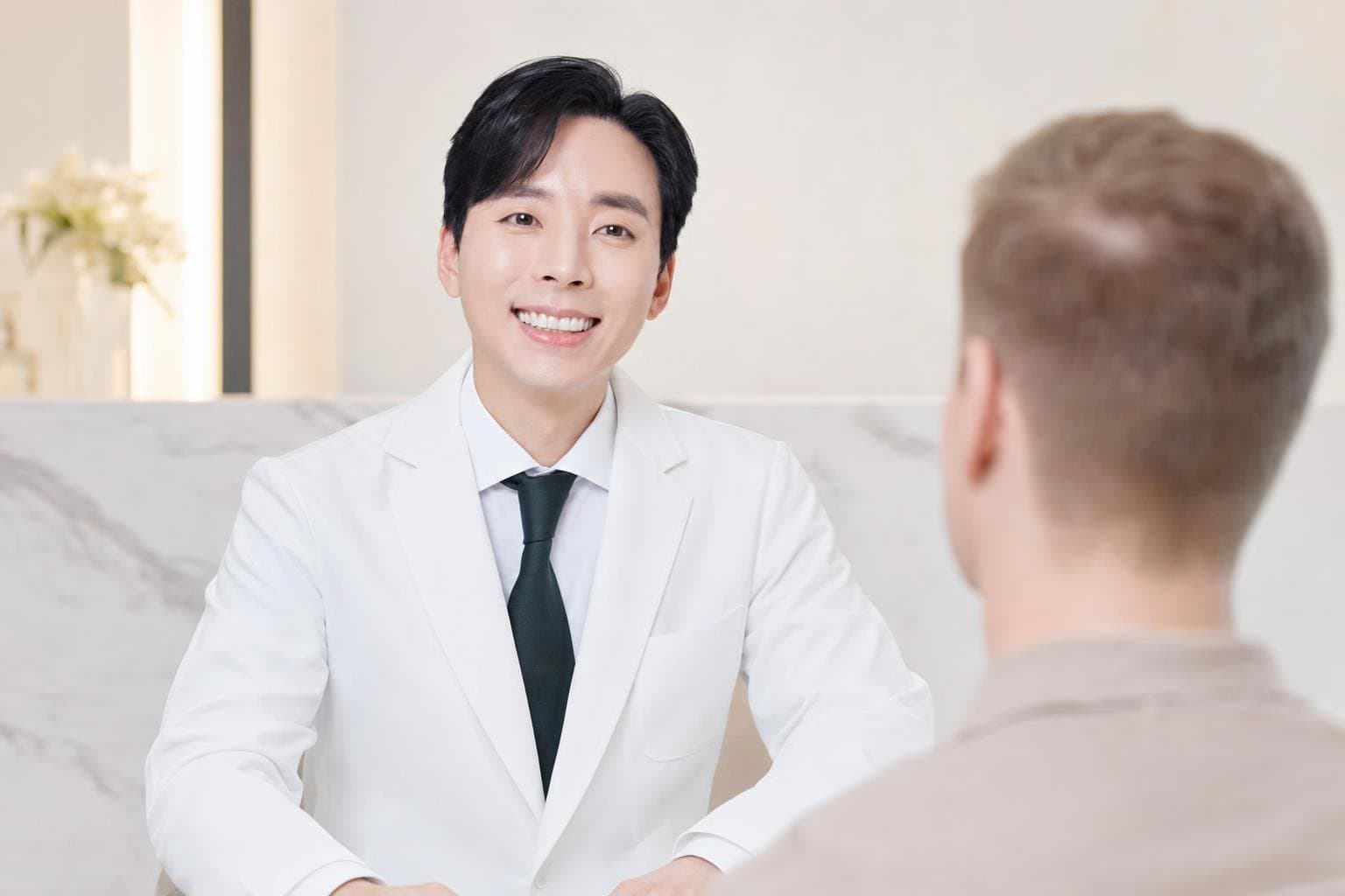 Dr. Min Jeong with a patient at REDI Dermatology in Seoul, discussing is korean skin treatment safe