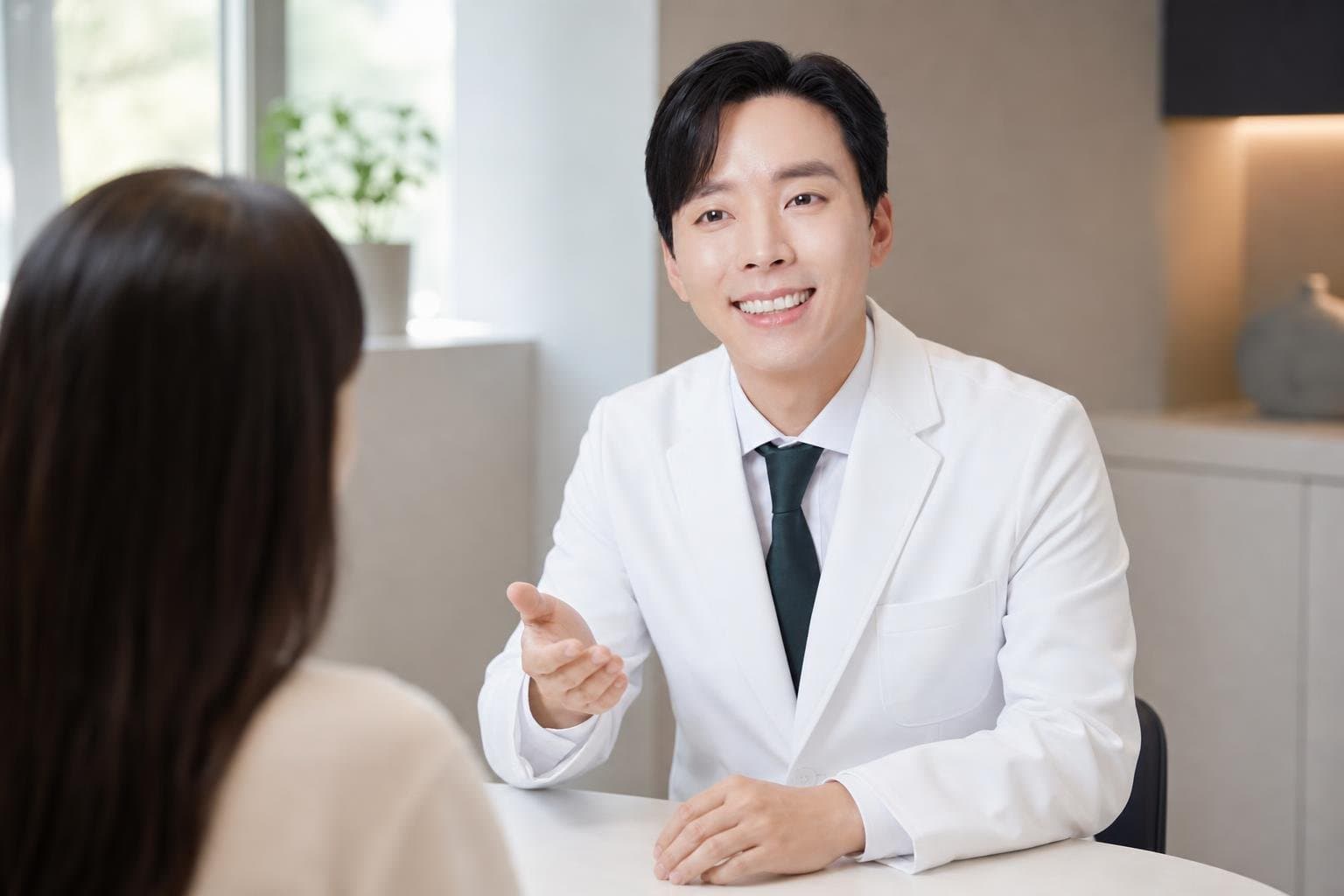 Dr. Min Jeong with a patient at REDI Dermatology in Seoul, discussing korean acne treatment