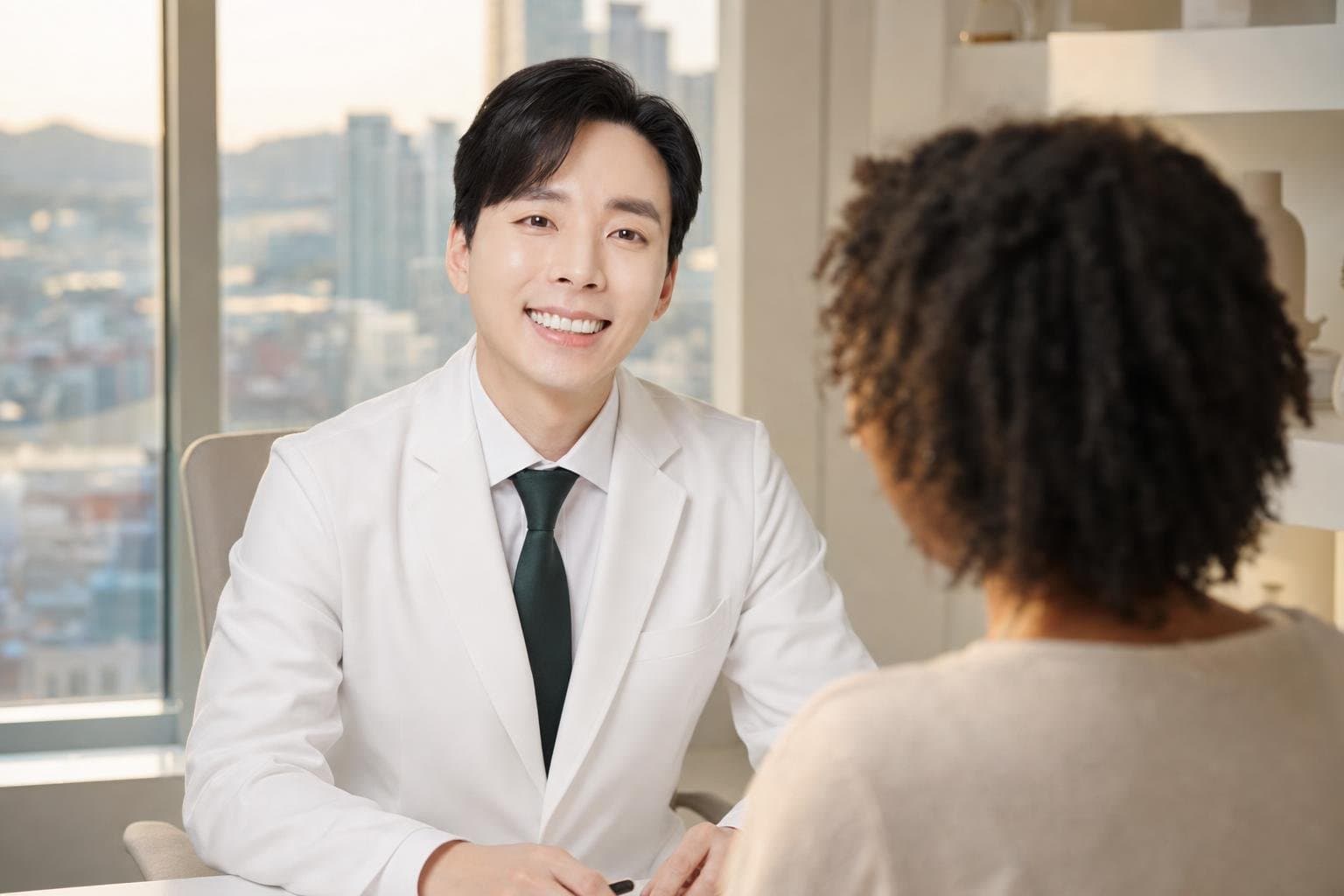Dr. Min Jeong with a patient at REDI Dermatology in Seoul, discussing korean anti aging