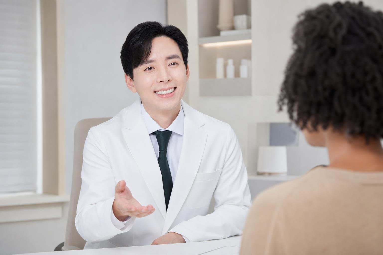 Dr. Min Jeong with a patient at REDI Dermatology in Seoul, discussing korean skin booster