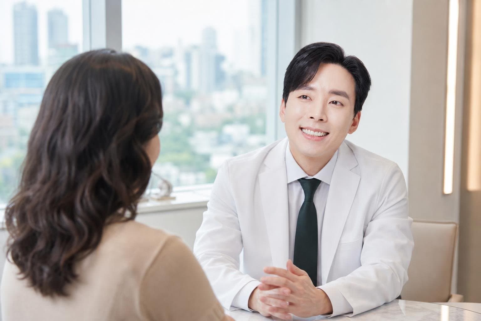 Dr. Min Jeong with a patient at REDI Dermatology in Seoul, discussing korean wrinkle treatment