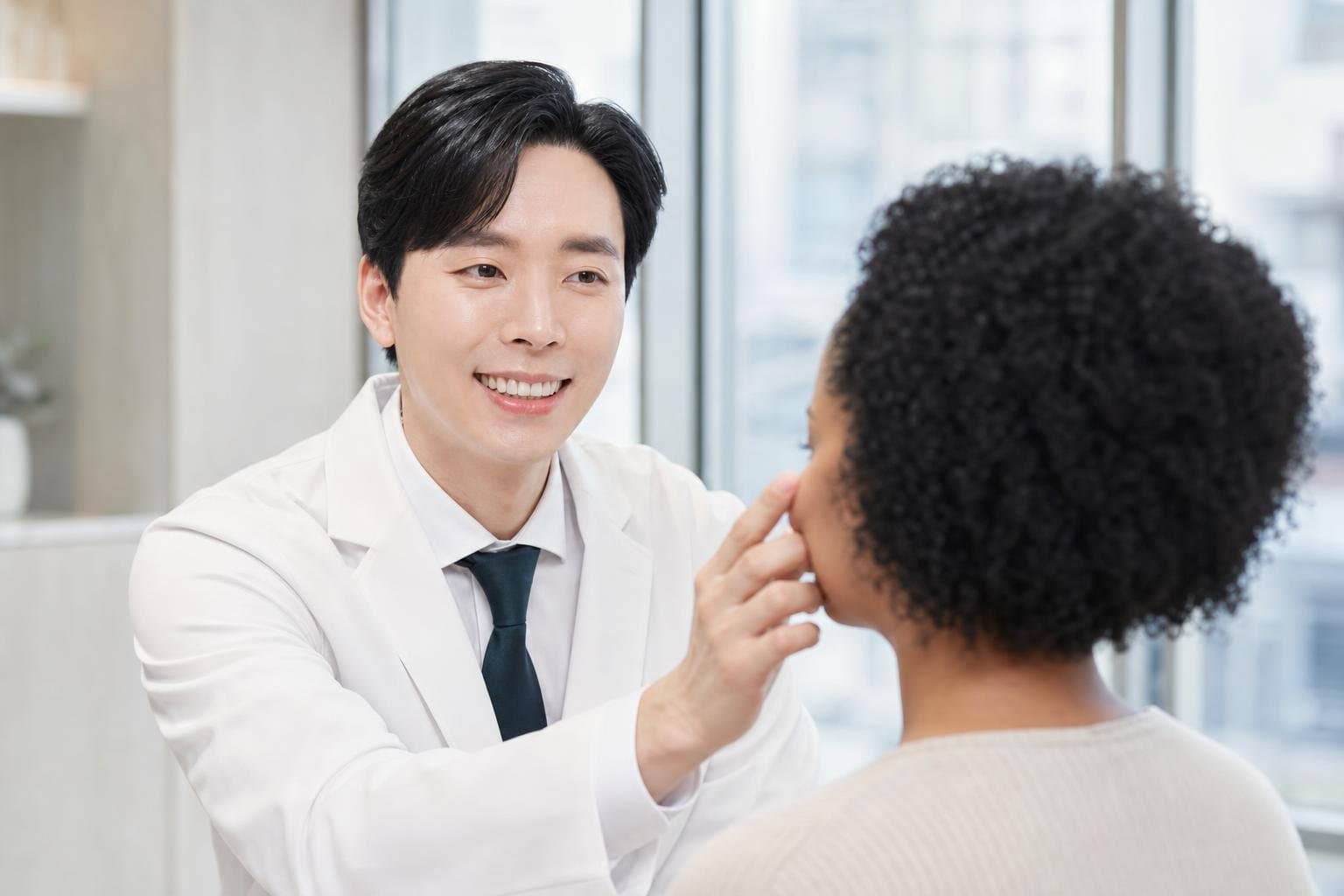 Dr. Min Jeong with a patient at REDI Dermatology in Seoul, discussing laser toning