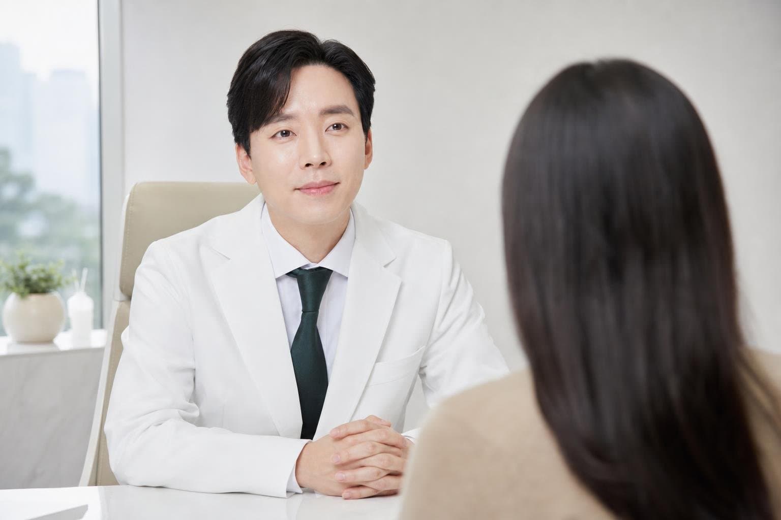 Dr. Min Jeong with a patient at REDI Dermatology in Seoul, discussing ldm skin treatment