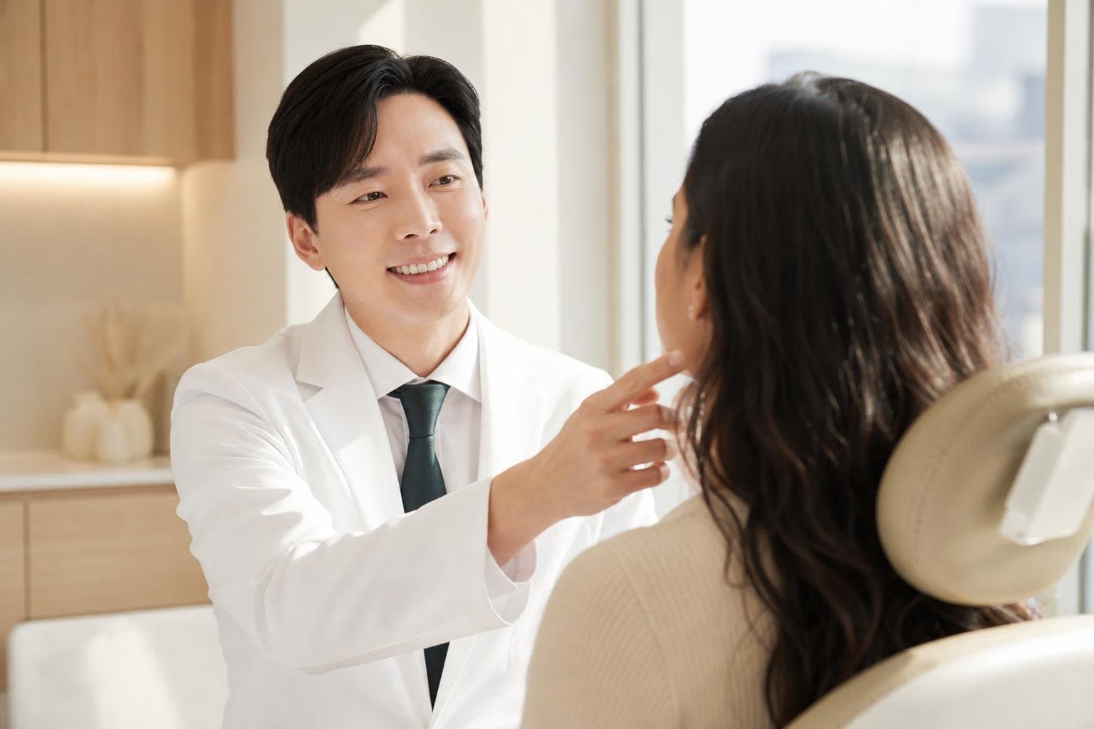 Dr. Min Jeong with a patient at REDI Dermatology in Seoul, discussing lifting laser korea