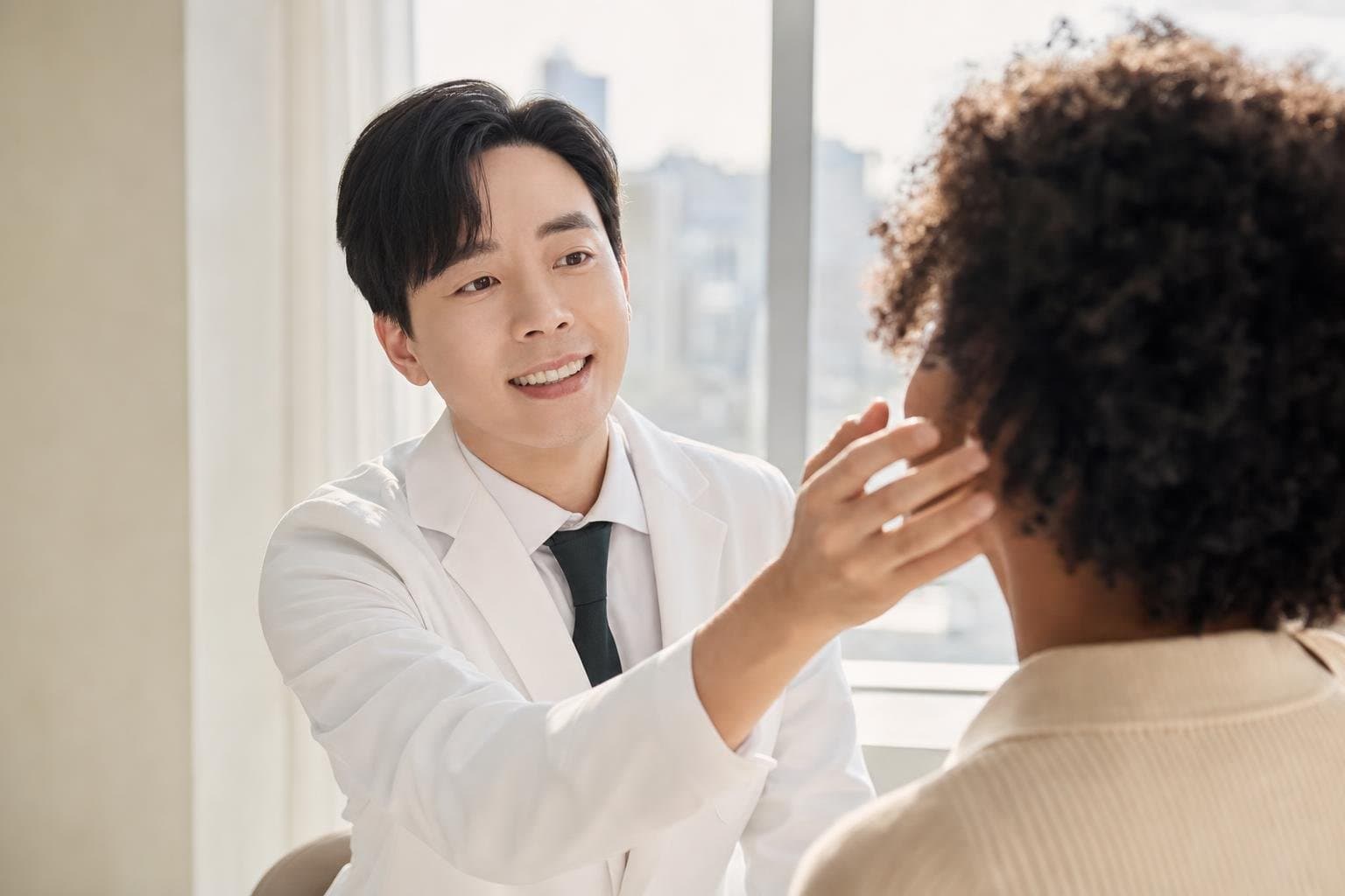 Dr. Min Jeong with a patient at REDI Dermatology in Seoul, discussing melasma treatment korea
