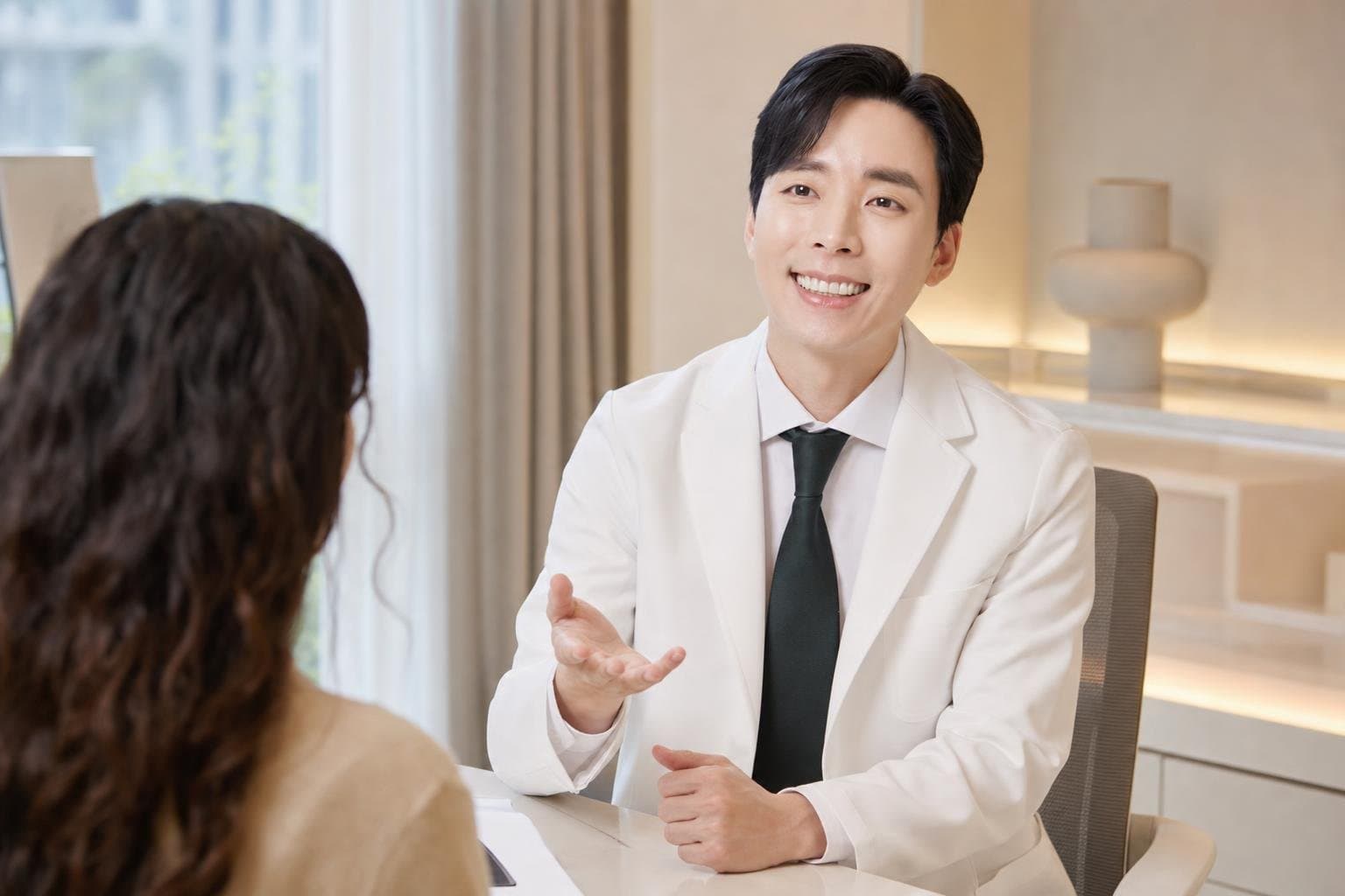 Dr. Min Jeong with a patient at REDI Dermatology in Seoul, discussing polynucleotide skin booster