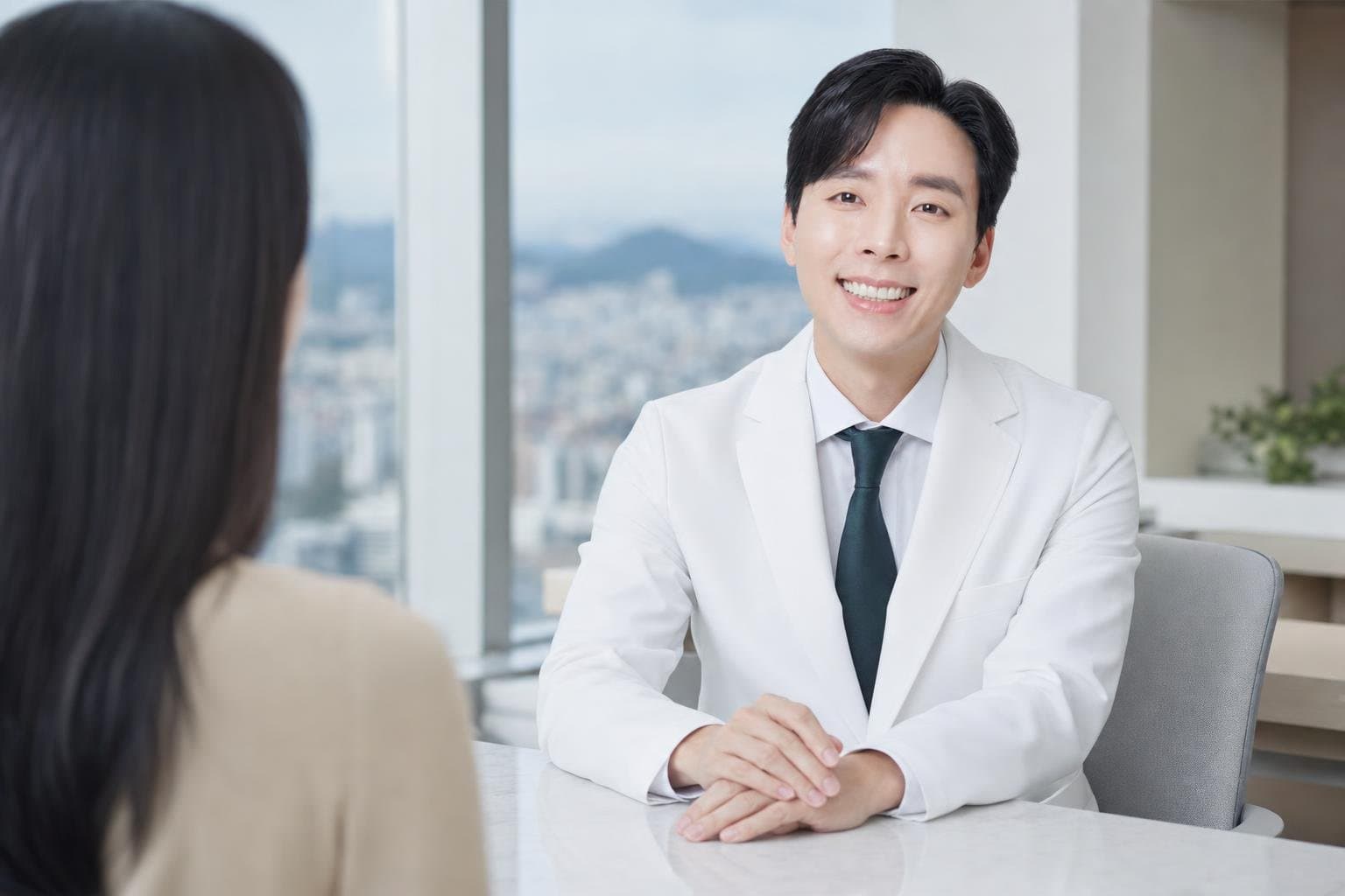 Dr. Min Jeong with a patient at REDI Dermatology in Seoul, discussing radiesse korea