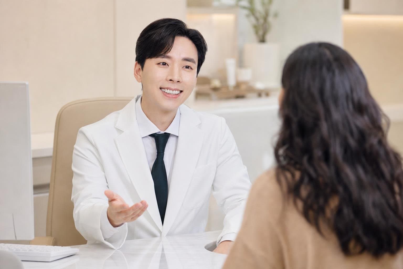 Dr. Min Jeong with a patient at REDI Dermatology in Seoul, discussing REDI Dermatology