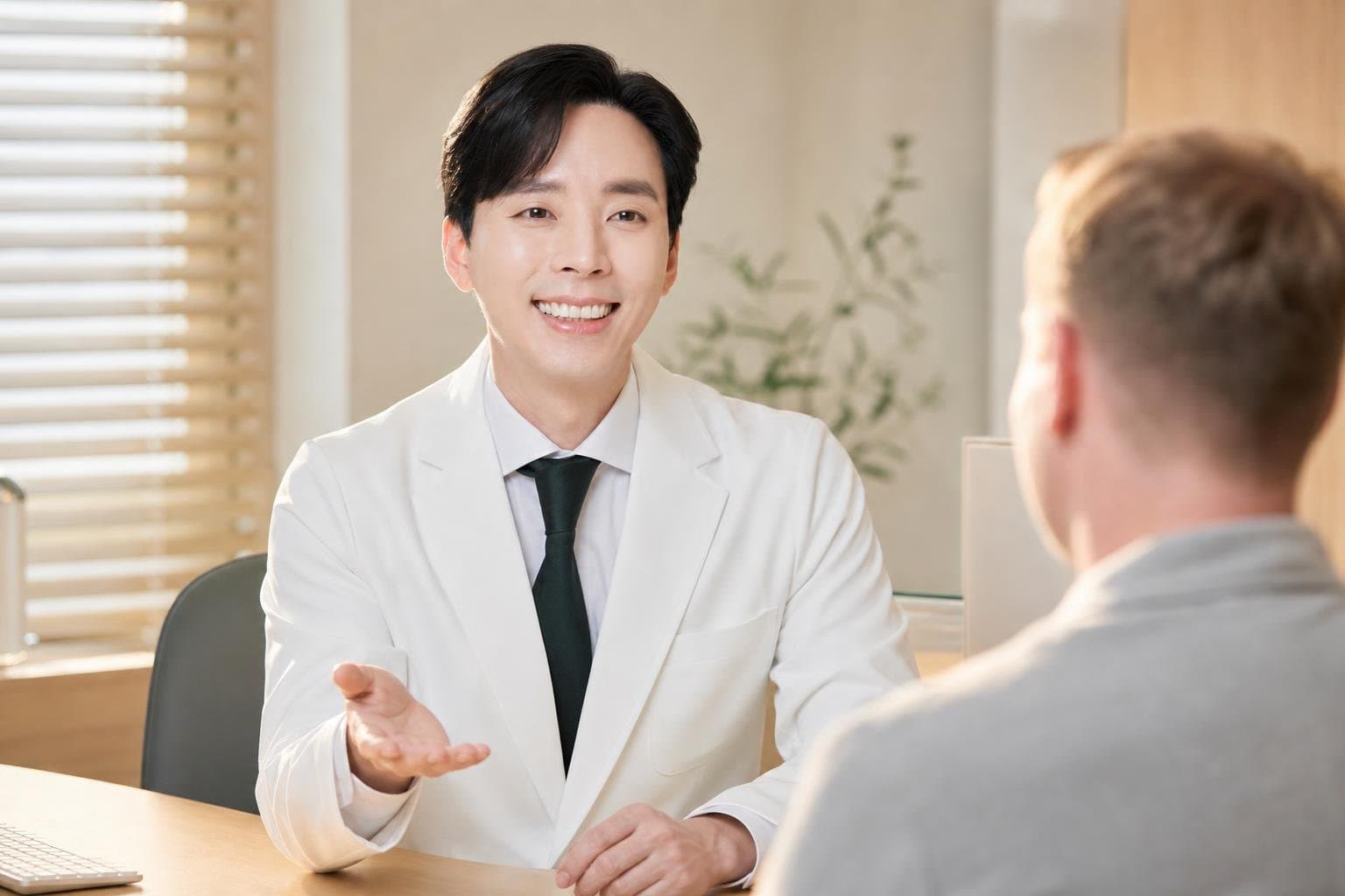 Dr. Min Jeong with a patient at REDI Dermatology in Seoul, discussing rejuran healer