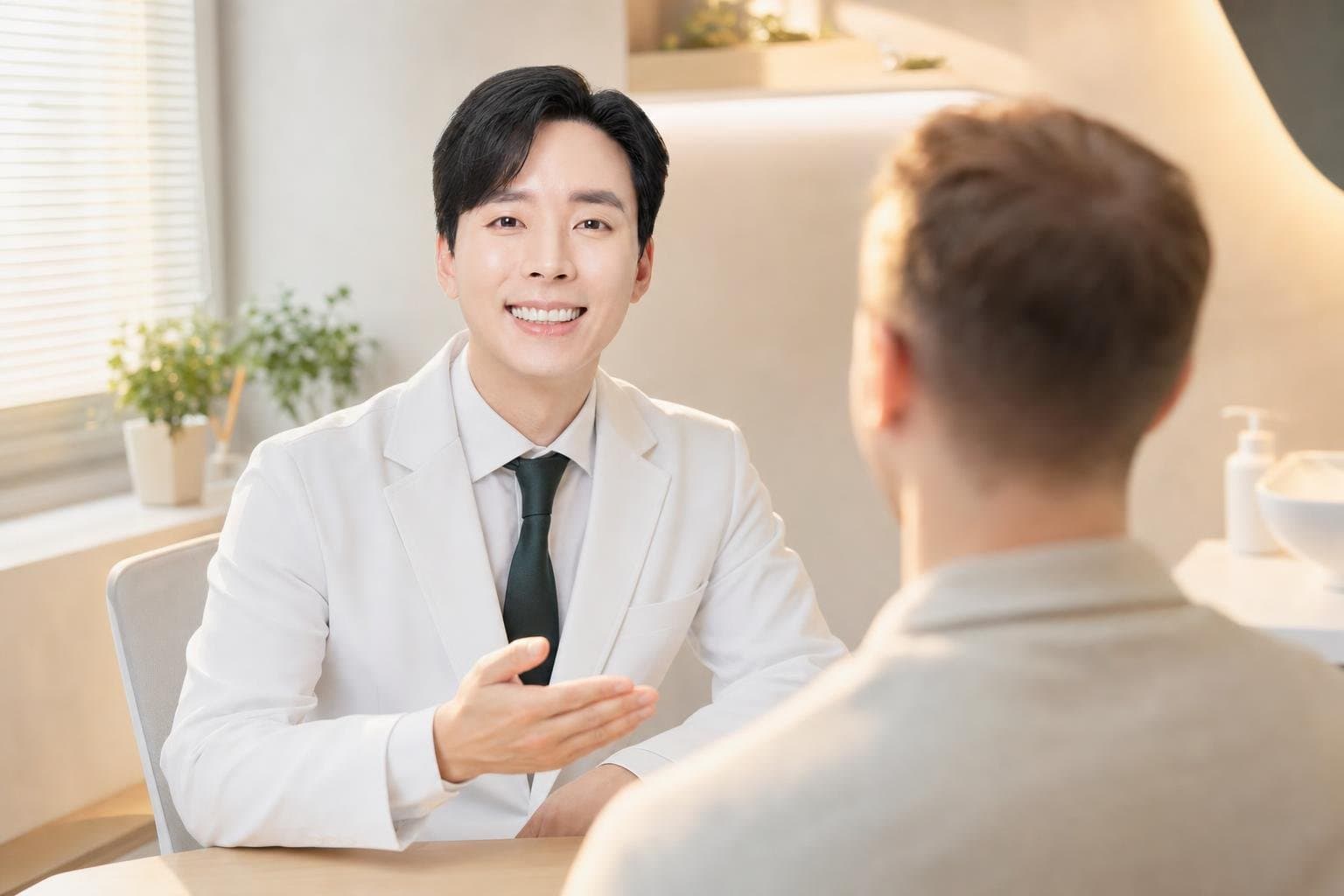 Dr. Min Jeong with a patient at REDI Dermatology in Seoul, discussing rejuran korea