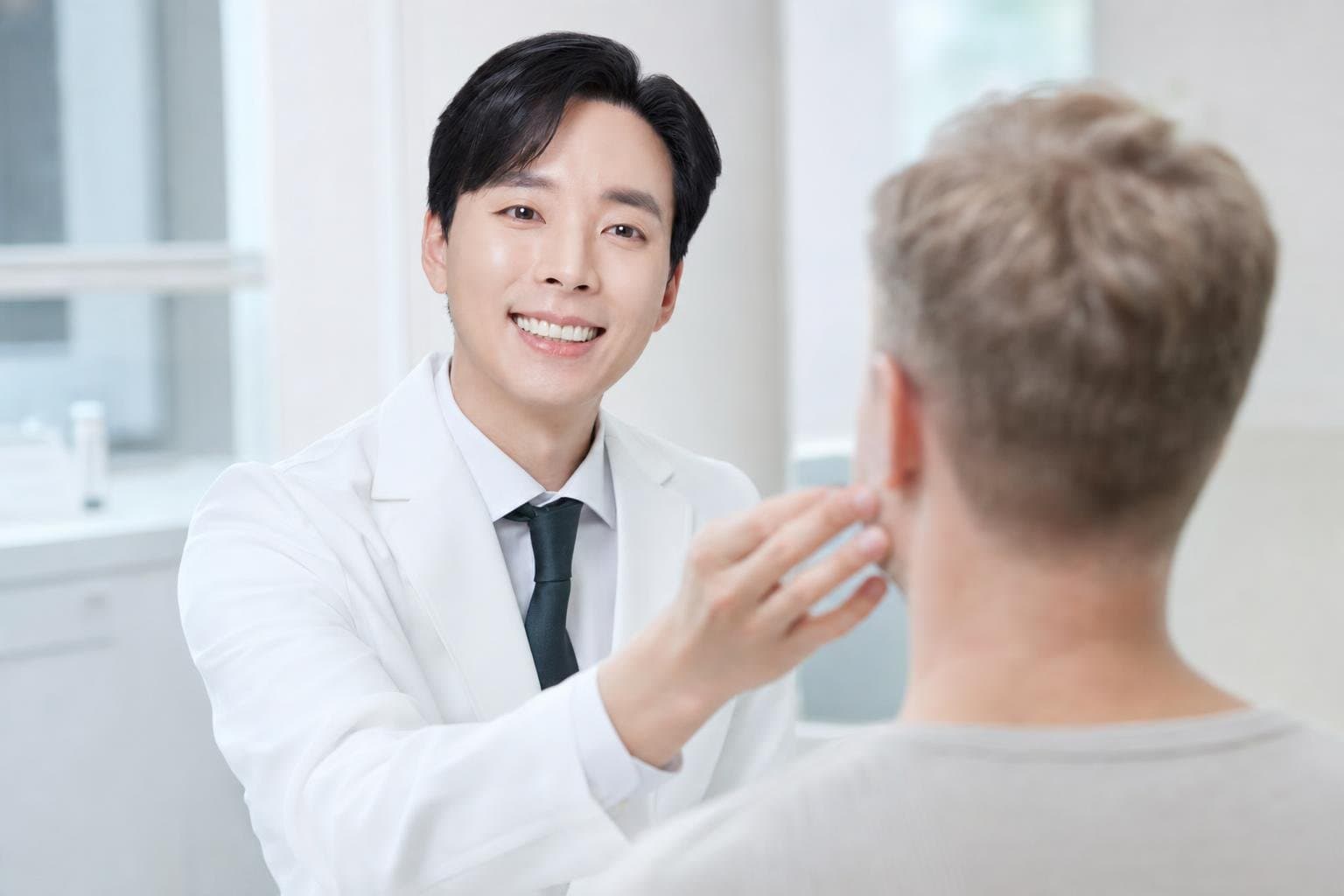 Dr. Min Jeong with a patient at REDI Dermatology in Seoul, discussing rosacea treatment korea