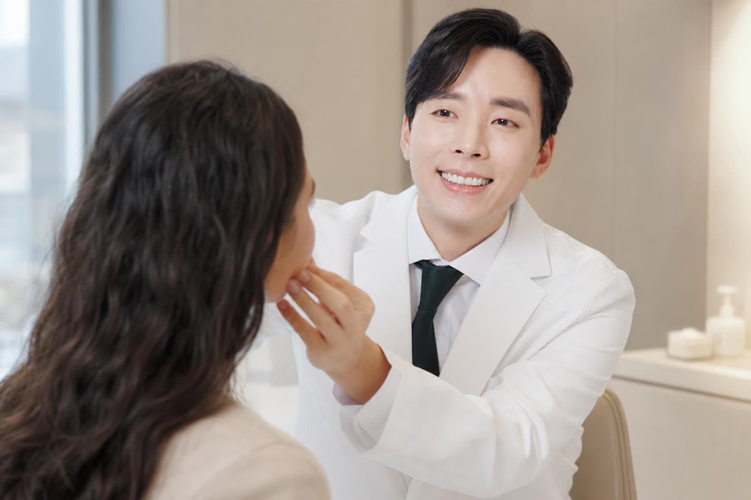 Dr. Min Jeong with a patient at REDI Dermatology in Seoul, discussing sensitive skin treatment korea