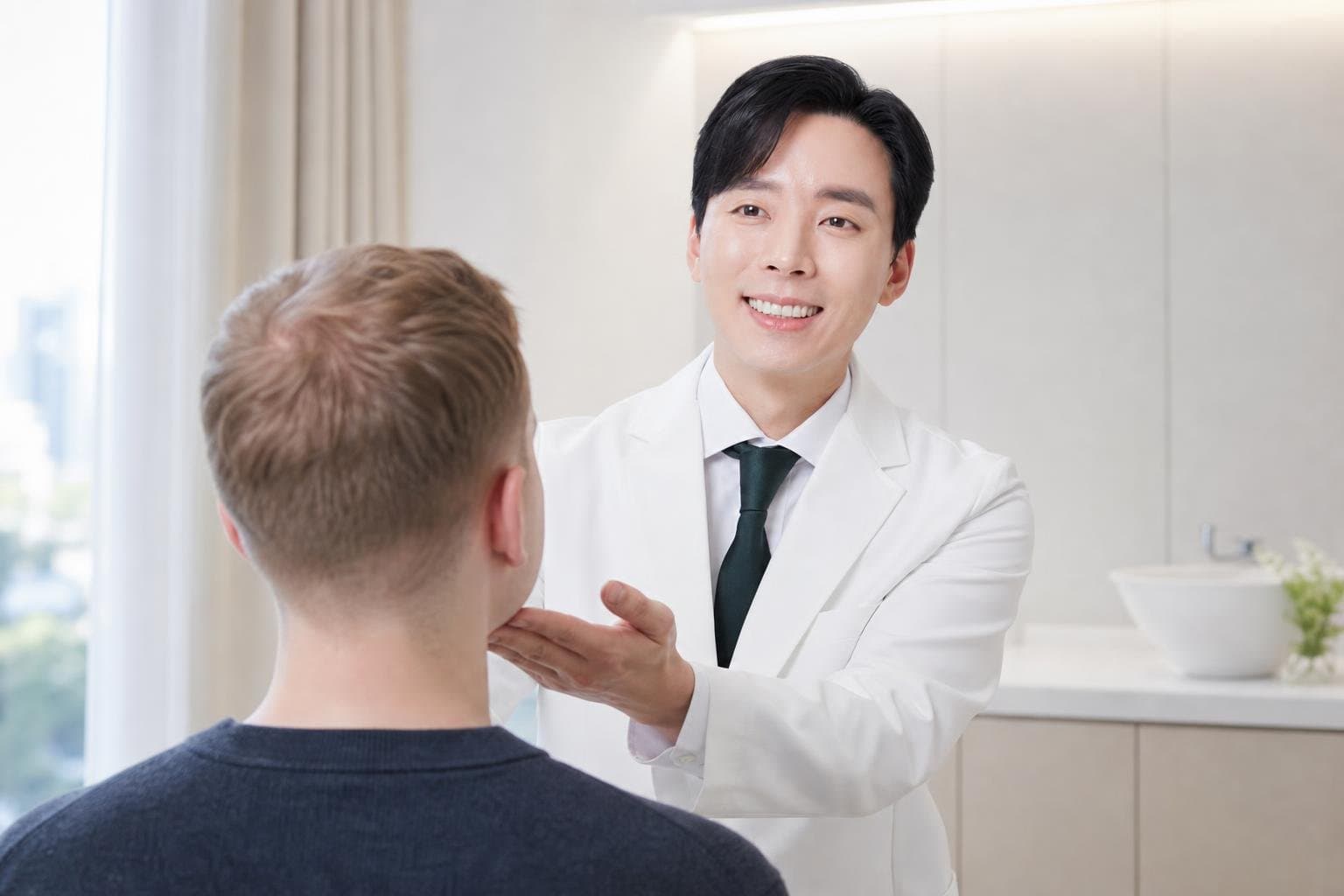 Dr. Min Jeong with a patient at REDI Dermatology in Seoul, discussing skin tightening korea