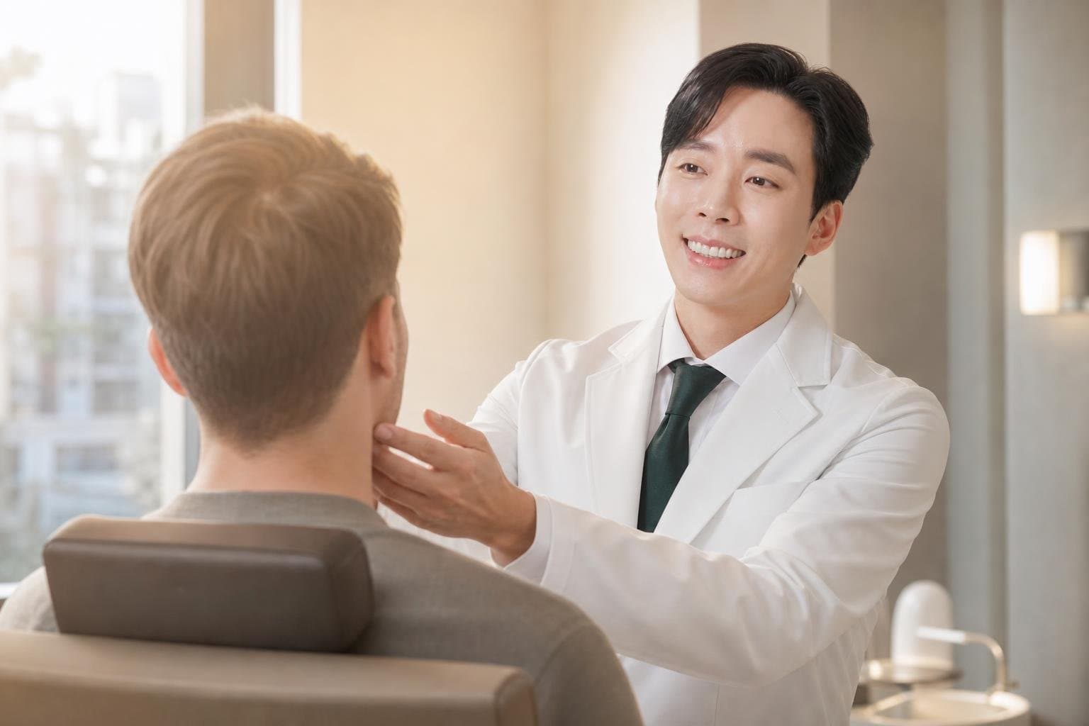 Dr. Min Jeong with a patient at REDI Dermatology in Seoul, discussing skin tightening near me