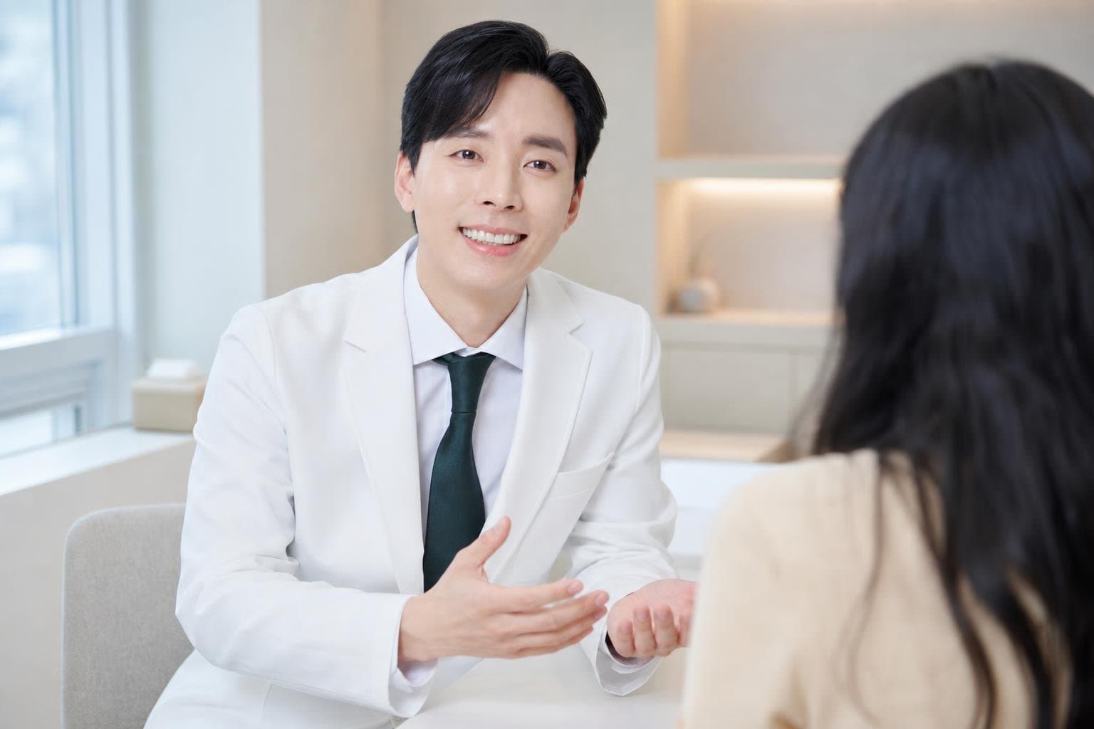 Dr. Min Jeong with a patient at REDI Dermatology in Seoul, discussing skin treatment korea cost