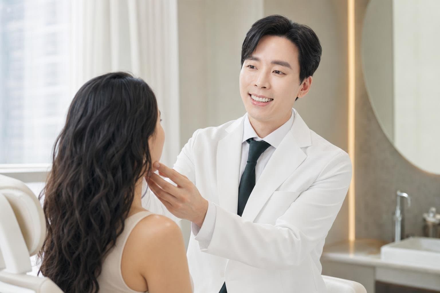 Dr. Min Jeong with a patient at REDI Dermatology in Seoul, discussing sofwave korea
