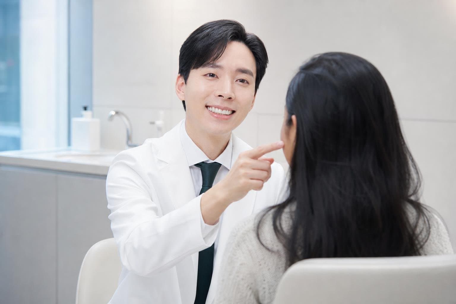Dr. Min Jeong with a patient at REDI Dermatology in Seoul, discussing textured skin