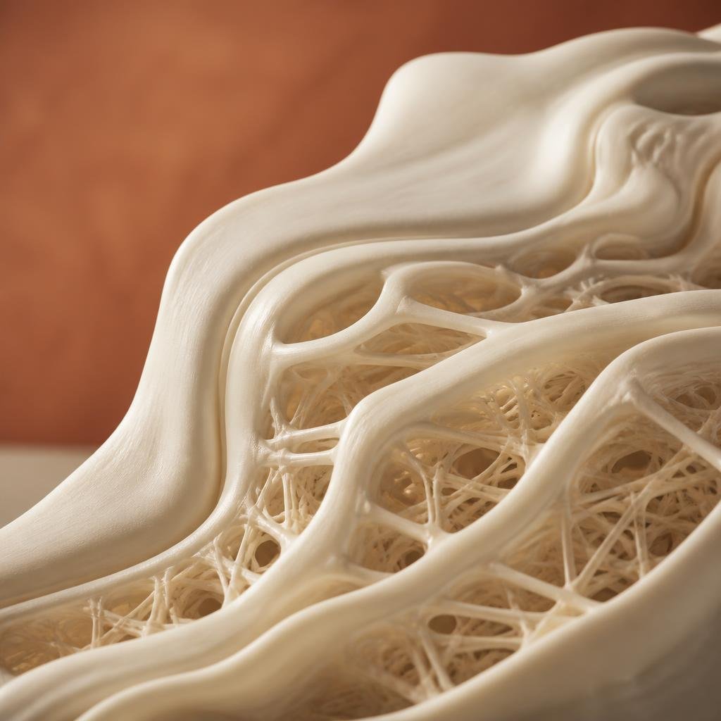 Collagen fibres weaving tighter beneath a cream surface, shown abstractly