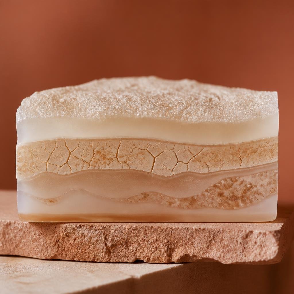 Abstract representation of the layers that cause dull skin, from surface texture to hydration