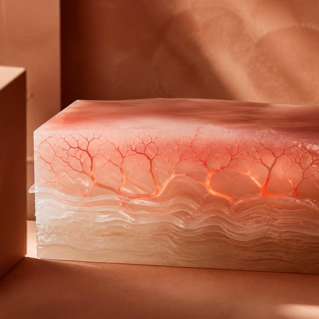 Abstract cross-section of facial redness showing dilated capillary channels beneath a cream surface