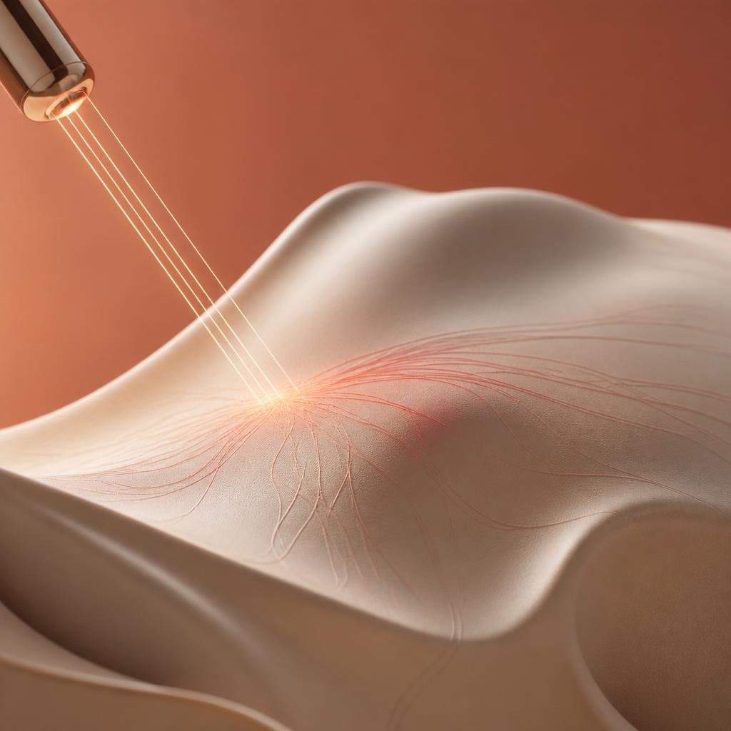 Abstract representation of a vascular laser calming red channels into an even glow