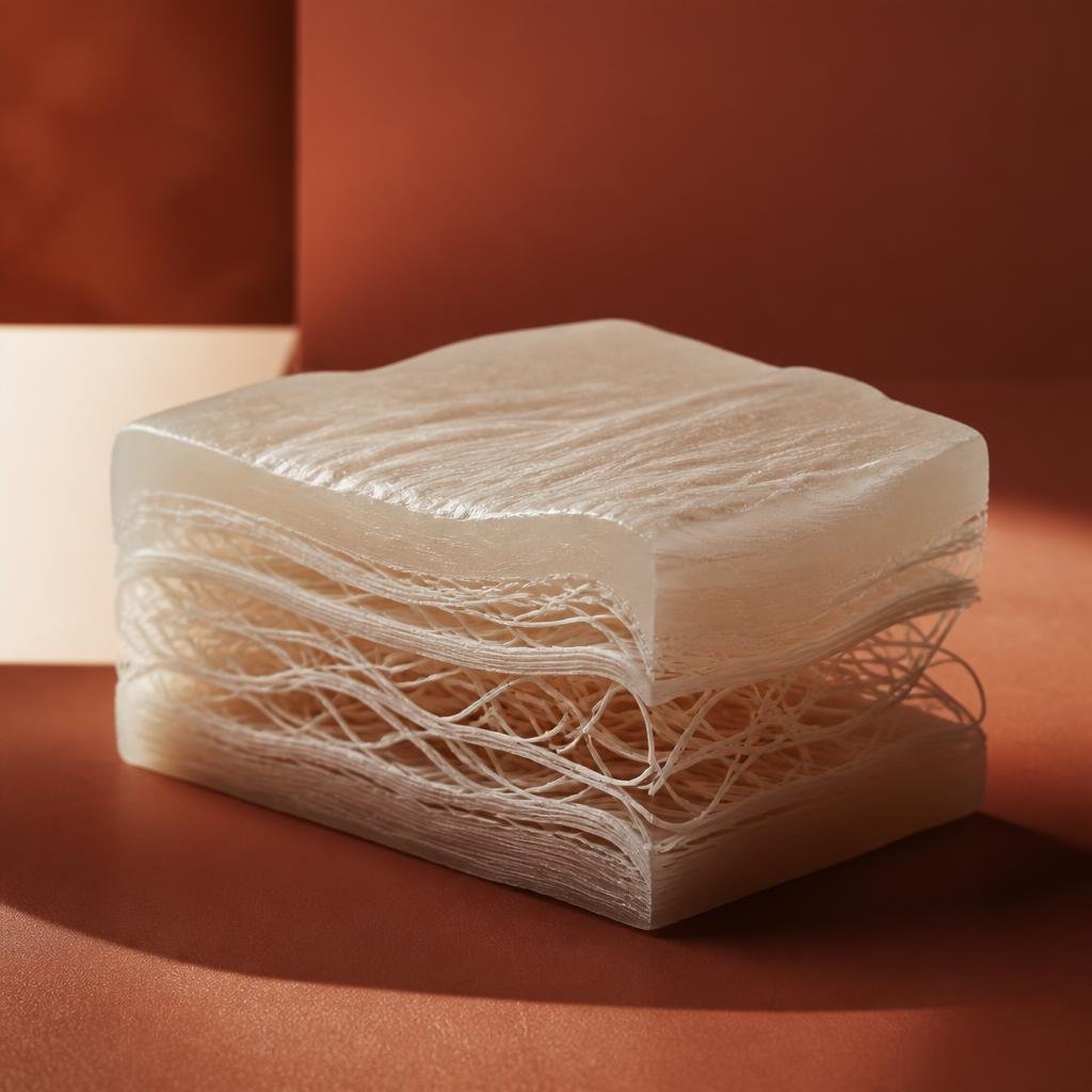 Layered cross-section abstraction of shallow fine lines forming as the dermis thins, shown as a translucent cream sculptural block with faint grooves and sparse, loosening internal fibres. Terracotta backdrop.