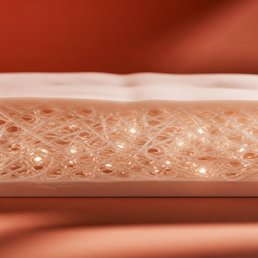 A close-up abstract representation of a collagen booster at work: a matte clay-toned surface with fine internal threads slowly weaving tighter and denser beneath it, faint warm light spreading through the newly formed network as the surface grows smoother. Terracotta backdrop.