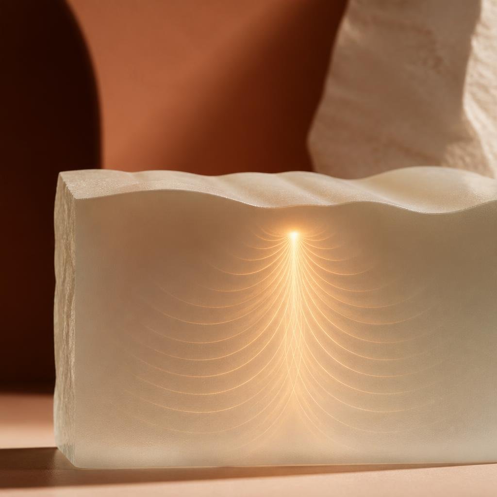 Focused ultrasound energy visualised abstractly: converging arcs of warm light narrowing to a single bright focal point just beneath the upper edge of a translucent cream sculptural block, the surface above easing subtly smoother. Terracotta backdrop, museum-like lighting.