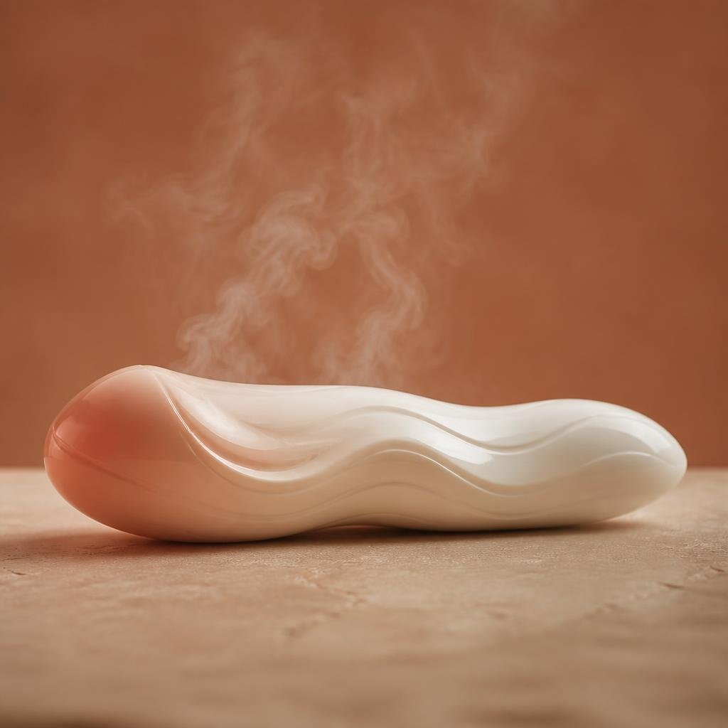 黃金微針恢復期的抽象示意：乳白色瓷質造型上的暖紅光暈逐漸轉為均勻珍珠色調