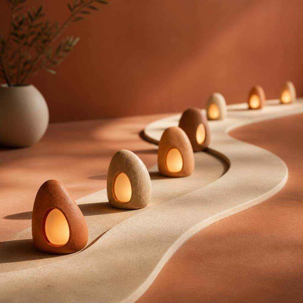 An abstract representation of a recovery timeline: soft clay-toned sculptural markers set along a gently curving path, each marker glowing with warm light that grows steadier and calmer toward the far end. Terracotta backdrop, museum-like lighting.