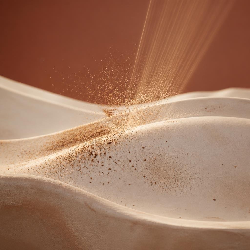 A close-up abstract representation of gentle pigment toning: a smooth cream-toned sculptural surface scattered with soft brown clusters, thin precise beams of warm light dissolving the clusters into fine dust that lifts away, leaving the surface even and undisturbed. Terracotta backdrop.
