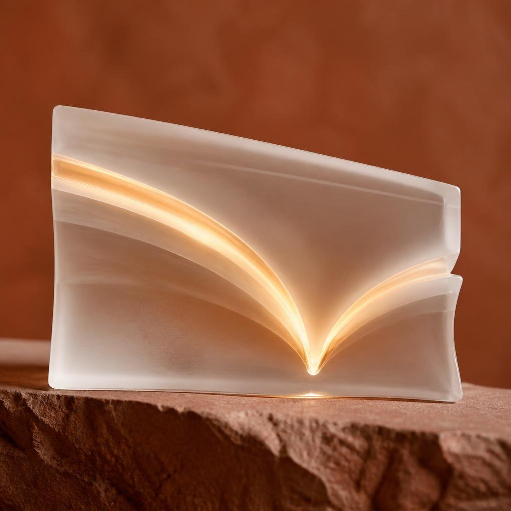 A close-up abstract representation of a dermatologist's controlled technique: a translucent cream sculptural block with a single precise arc of warm light converging to one deep focal point, everything measured and contained, no scattering or excess. Terracotta backdrop, museum-like lighting.