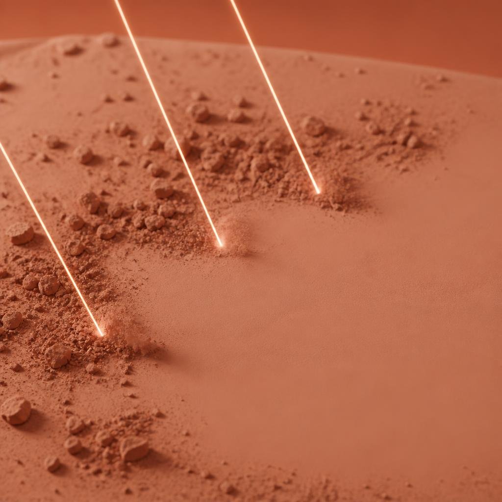 Laser toning for varied skin tones, abstract: a smooth warm clay-toned surface scattered with soft brown pigment clusters, thin precise beams of light gently breaking the clusters into fine dust that lifts away, the surface easing to an even tone without harsh reaction. Terracotta backdrop.