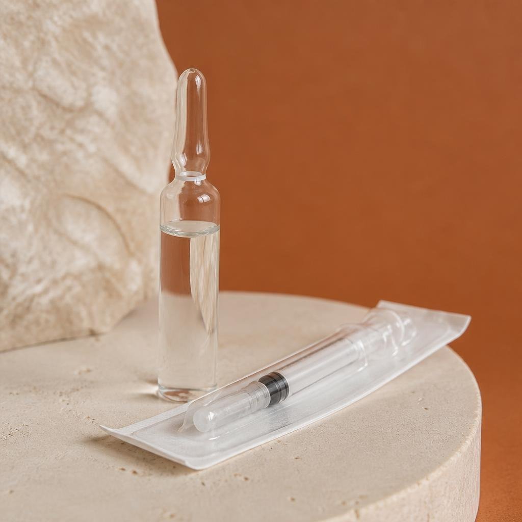 An unbranded clear medical-grade glass ampoule of transparent serum resting on a soft cream surface beside a sealed sterile syringe, calm even lighting, completely blank glass with no label of any kind. Terracotta backdrop.