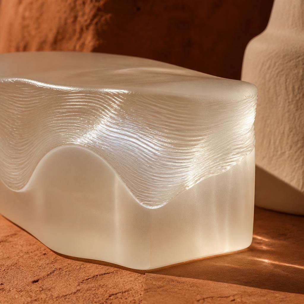 Ultra-high-frequency ultrasound soothing visualised abstractly: a translucent cream sculptural block with rapid fine micro-ripples of soft cool light passing through its surface layer, a gentle even glow settling in their wake. Terracotta backdrop, pearlescent highlights.