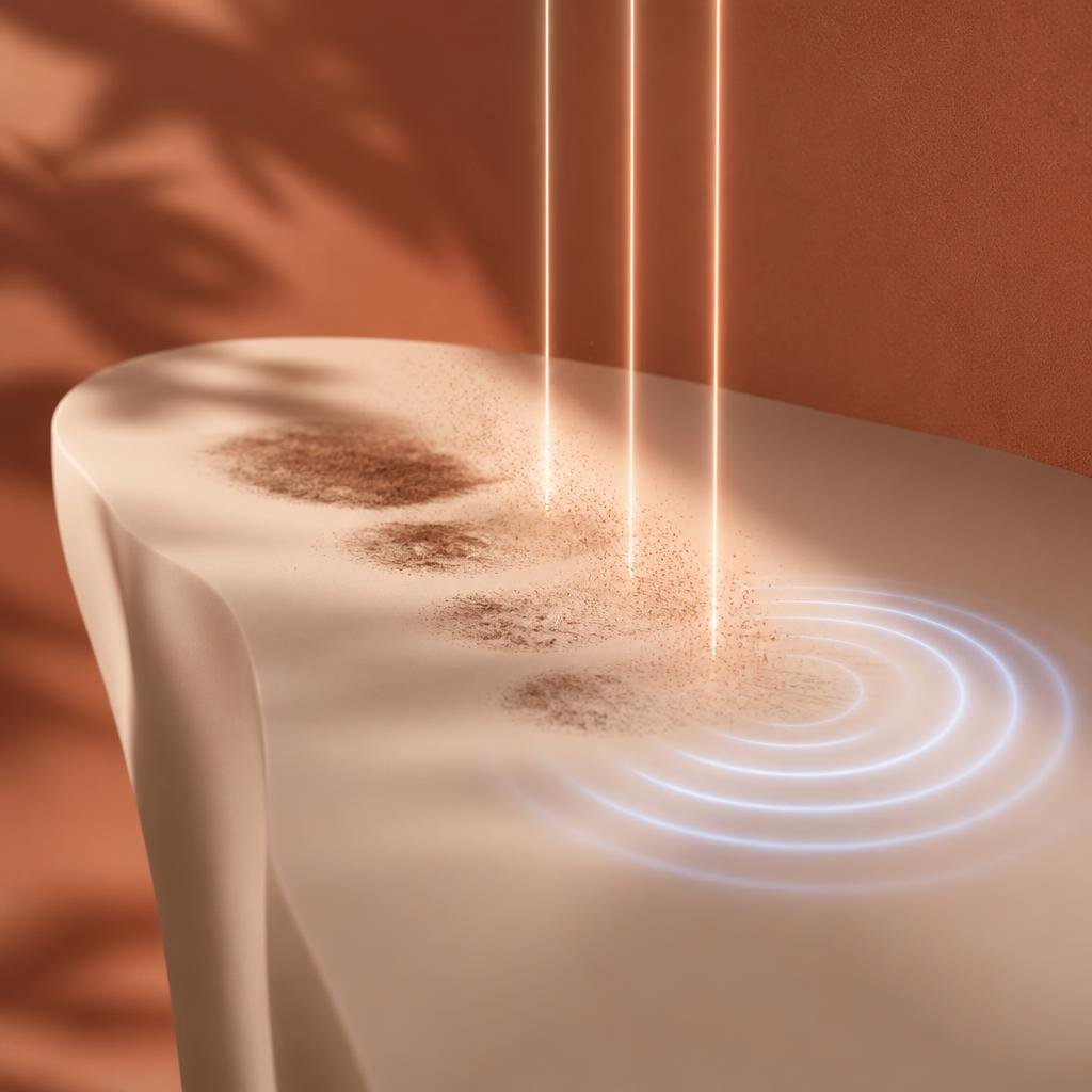 Laser pigment work paired with soothing ultrasound, abstract: a smooth cream-toned surface where soft brown pigment clusters are being dissolved into fine dust by thin beams of warm light, while gentle rings of cool light follow behind to calm the surface even. Terracotta backdrop.