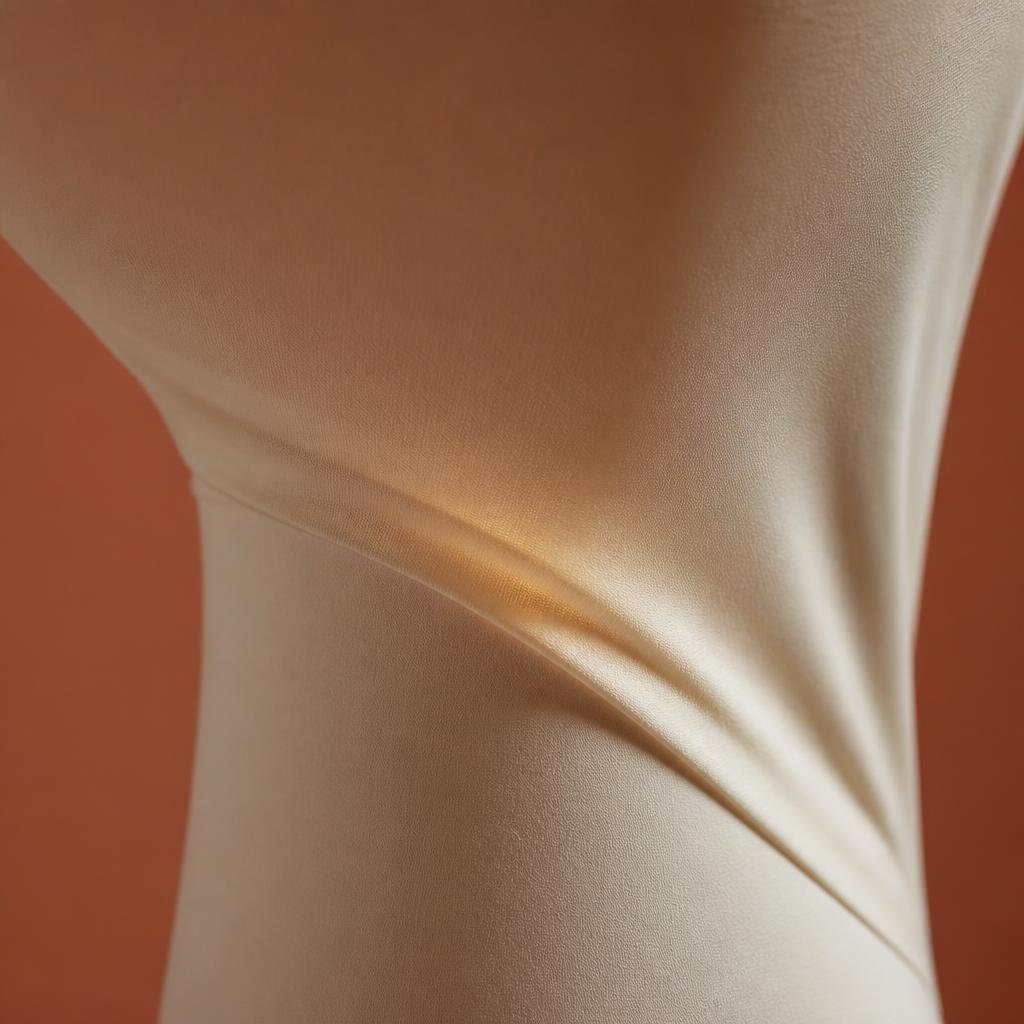 Abstract representation of a sagging neck contour easing into a firmer line for non-surgical neck lifting