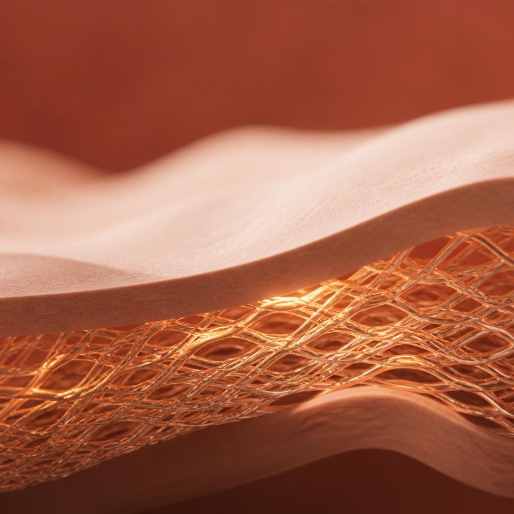 Abstract representation of collagen fibres weaving tighter beneath the surface during neck lifting